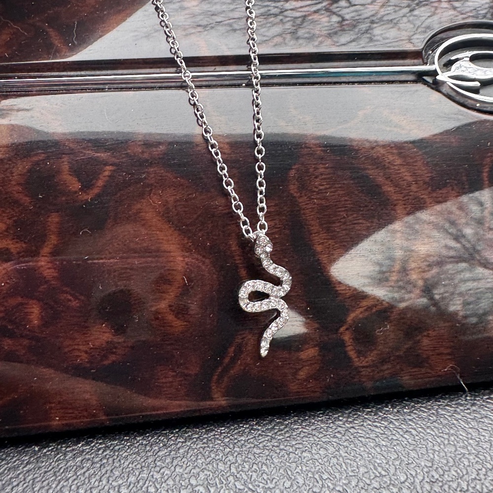 This elegant silver snake necklace adds a touch of sophistication to any outfit.